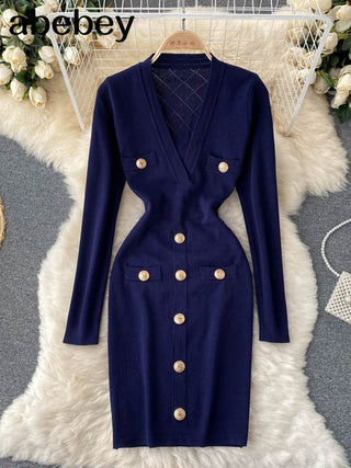 Women Knitted Pencil Dress Korean Long Sleeve V Neck Elastic Slim Dress ALODIA STORE
