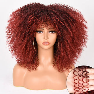 16''Short Hair Afro Kinky Curly Wig With Bangs For Black Women Cosplay Lolita Synthetic Natural Glueless Brown Mixed Blonde Wigs ALODIA STORE