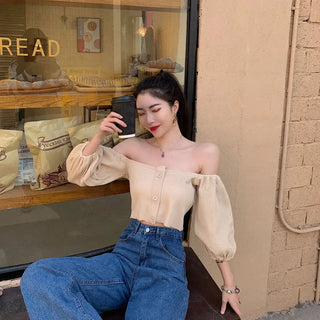 Off Shoulder Woman Tshirts French Puff Sleeve Short Croptop Korean Belly Button Exposed Sexy Shirt Summer Vintage Soild Y2k Tops ALODIA STORE