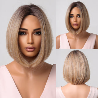 Ombre Brown Platinum Blonde Synthetic Wigs Short Straight Bob Wigs for Black Women Daily Natural Heat Resistant Hair Cosplay ALODIA STORE