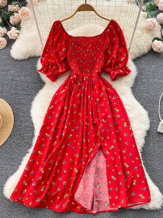 YuooMuoo Romantic Floral Print Split Long Summer Dress Puff Sleeve Party Korean style ALODIA STORE