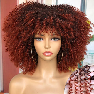 Short Afro Kinky Curly Wig With Bangs For Black Women Cosplay Lolita Natural Hair Ombre Mixed Brown Synthetic African Wigs ALODIA STORE
