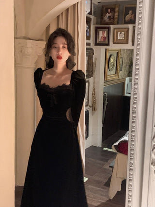 2022 Autumn Slim Black Velvet Dress Casual Korean Fashion ALODIA STORE