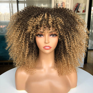 16''Short Hair Afro Kinky Curly Wig With Bangs For Black Women Cosplay Lolita Synthetic Natural Glueless Brown Mixed Blonde Wigs ALODIA STORE