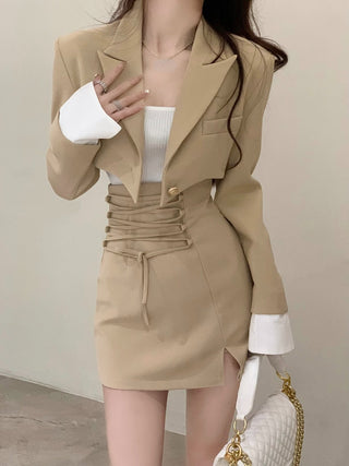 2 Piece Dress Set Women Casual Y2k Crop Tops Elegant Jacket Coats + Mini Skirts Korean Fahion ALODIA STORE