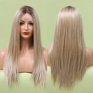 HENRY MARGU Long Straight Lace Front Synthetic Wigs Brown Blonde Platinum Wigs for White Women Middle Part Daily Heat Resistant ALODIA STORE