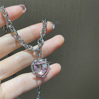 Y2K Accessories Fashion Peach Heart Water Drop Pendant Necklace Pink Crystal Egirl Sweet Cool Clavicle Chain Aesthetic Jewelry ALODIA STORE