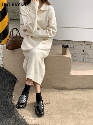 BGTEEVER Casual Thicken Warm Loose Sweater Dress Women Autumn Winter Lapel Full Sleeve Solid Long Knitted Dress Female vestidos ALODIA STORE