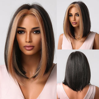 Ombre Brown Platinum Blonde Synthetic Wigs Short Straight Bob Wigs for Black Women Daily Natural Heat Resistant Hair Cosplay ALODIA STORE