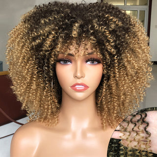 Short Afro Kinky Curly Wig With Bangs For Black Women Cosplay Lolita Natural Hair Ombre Mixed Brown Synthetic African Wigs ALODIA STORE