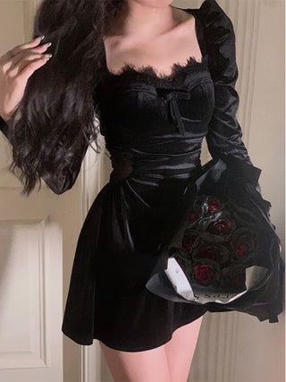 2022 Autumn Slim Black Velvet Dress Casual Korean Fashion ALODIA STORE
