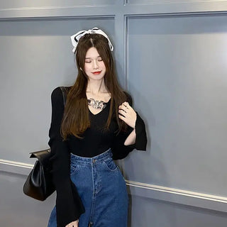 Women's Long Sleeve Black Croptop Knitted Sweater Sexy Party Slim Shirt Cropped Tops Korean Fashion Elegant Office Ladies ALODIA STORE