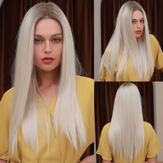 HENRY MARGU Long Straight Lace Front Synthetic Wigs Brown Blonde Platinum Wigs for White Women Middle Part Daily Heat Resistant ALODIA STORE