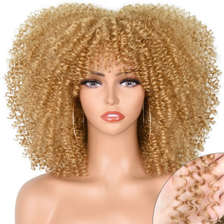 Short Afro Kinky Curly Wig With Bangs For Black Women Cosplay Lolita Natural Hair Ombre Mixed Brown Synthetic African Wigs ALODIA STORE