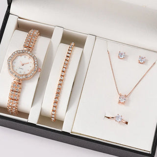 6PCS Set Luxury Watch Women Ring Necklace Earrings Rhinestone Fashion Wristwatch Female Casual Ladies Watches Bracelet Set Clock ALODIA STORE