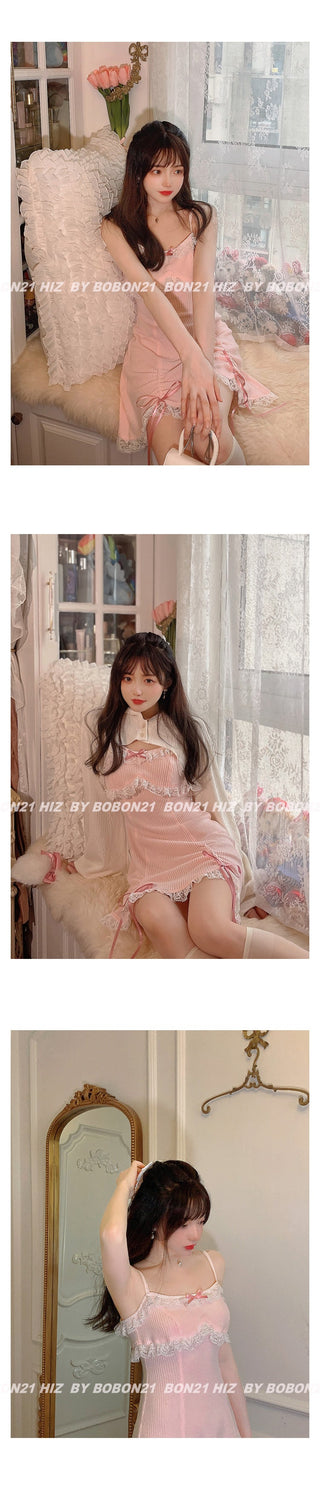 Japanese Kawaill Lolita Dress Women Bow Pink Party Mini Fashion 2 Piece Dress Set 2023 Summer ALODIA STORE