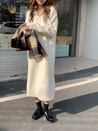 BGTEEVER Casual Thicken Warm Loose Sweater Dress Women Autumn Winter Lapel Full Sleeve Solid Long Knitted Dress Female vestidos ALODIA STORE