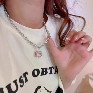 Y2K Accessories Fashion Peach Heart Water Drop Pendant Necklace Pink Crystal Egirl Sweet Cool Clavicle Chain Aesthetic Jewelry ALODIA STORE