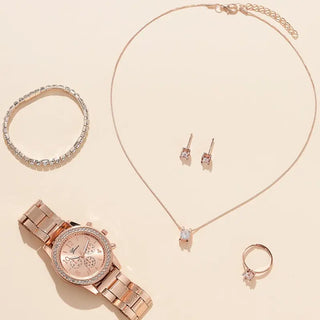 6PCS Set Luxury Watch Women Ring Necklace Earrings Rhinestone Fashion Wristwatch Female Casual Ladies Watches Bracelet Set Clock ALODIA STORE