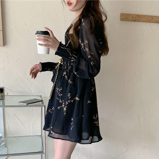 Sexy Black Dress Vintage Flower Long Puff Sleeve Chiffon Dresses ALODIA STORE