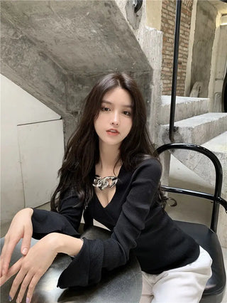 Women's Long Sleeve Black Croptop Knitted Sweater Sexy Party Slim Shirt Cropped Tops Korean Fashion Elegant Office Ladies ALODIA STORE
