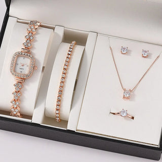 6PCS Set Luxury Watch Women Ring Necklace Earrings Rhinestone Fashion Wristwatch Female Casual Ladies Watches Bracelet Set Clock ALODIA STORE