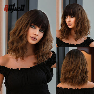 Ombre Brown Platinum Blonde Synthetic Wigs Short Straight Bob Wigs for Black Women Daily Natural Heat Resistant Hair Cosplay ALODIA STORE