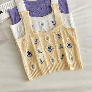 Flowers Embroidery Suspender Korean V-Neck Knitting Sweet Elastic Vintage Students Cute Summer Women Knot CropTops ALODIA STORE