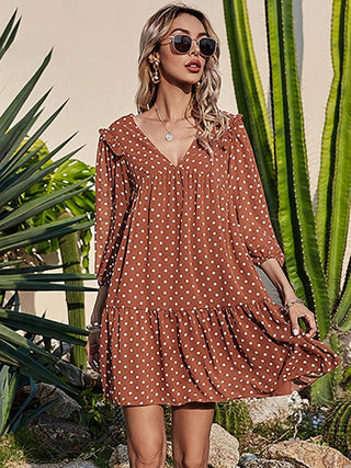 Aachoae Women Casual Loose Polka Dot Dress V Neck Pleated Chiffon Dress Lantern Half Sleeve Mini Beach Dress Summer Robe Femme ALODIA STORE