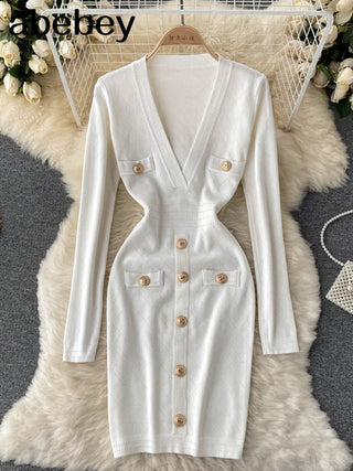 Women Knitted Pencil Dress Korean Long Sleeve V Neck Elastic Slim Dress ALODIA STORE