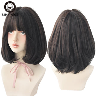 7JHH WIGS Short Bob Straight Ombre Blonde Wigs With Bang For Girl Black Female Synthetic Shoulder Length Crochet Hair Ginger Wig ALODIA STORE