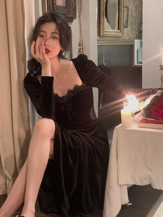 2022 Autumn Slim Black Velvet Dress Casual Korean Fashion ALODIA STORE