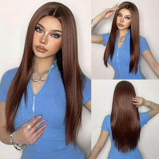 HENRY MARGU Long Straight Lace Front Synthetic Wigs Brown Blonde Platinum Wigs for White Women Middle Part Daily Heat Resistant ALODIA STORE