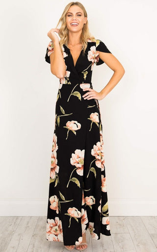 2023 Summer Short Sleeved Long Dress V-neck Split Print Fashion Retro Tiktok Consignment Rayon Robe for Women Party Wedding ALODIA STORE