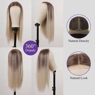 HENRY MARGU Long Straight Lace Front Synthetic Wigs Brown Blonde Platinum Wigs for White Women Middle Part Daily Heat Resistant ALODIA STORE