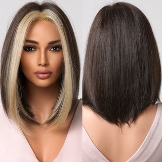 Ombre Brown Platinum Blonde Synthetic Wigs Short Straight Bob Wigs for Black Women Daily Natural Heat Resistant Hair Cosplay ALODIA STORE