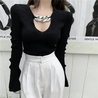 Women's Long Sleeve Black Croptop Knitted Sweater Sexy Party Slim Shirt Cropped Tops Korean Fashion Elegant Office Ladies ALODIA STORE