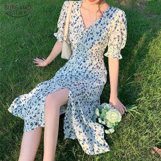 Sexy Black Dress Vintage Flower Long Puff Sleeve Chiffon Dresses ALODIA STORE