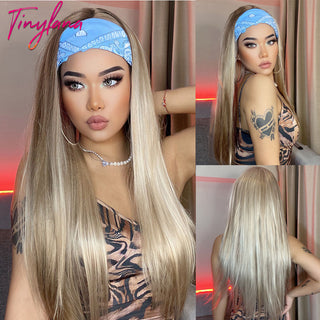Chocolate Brown Mixed Golden Blonde Long Straight Synthetic Women's Headband Wigs Bohemian Hair For Black Women Fake Hair ALODIA STORE