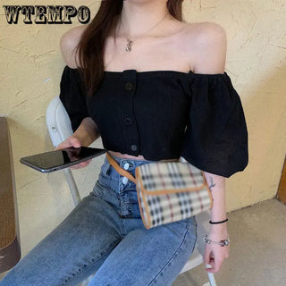 Off Shoulder Woman Tshirts French Puff Sleeve Short Croptop Korean Belly Button Exposed Sexy Shirt Summer Vintage Soild Y2k Tops ALODIA STORE