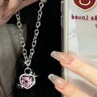 Y2K Accessories Fashion Peach Heart Water Drop Pendant Necklace Pink Crystal Egirl Sweet Cool Clavicle Chain Aesthetic Jewelry ALODIA STORE