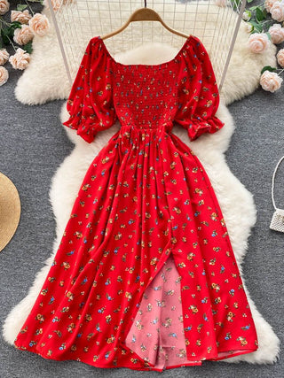 YuooMuoo Romantic Floral Print Split Long Summer Dress Puff Sleeve Party Korean style ALODIA STORE