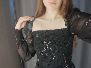 Sexy Black Dress Vintage Flower Long Puff Sleeve Chiffon Dresses ALODIA STORE