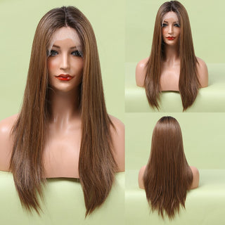HENRY MARGU Long Straight Lace Front Synthetic Wigs Brown Blonde Platinum Wigs for White Women Middle Part Daily Heat Resistant ALODIA STORE