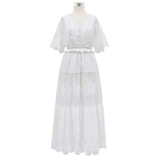 Hollow Out White Dress Sexy Women Long Lace Dress Cross Semi-Sheer Plunge V-Neck Short Sleeve Lace Maxi Dress Simple Solid ALODIA STORE