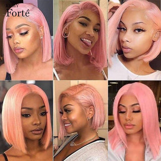 Pink Bob Short Cut Wigs Blonde Straight Lace Front Human Hair Wigs 180D Transparent Lace Pre Plucked Brazilian Bob Lace Wigs ALODIA STORE