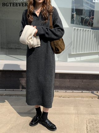 BGTEEVER Casual Thicken Warm Loose Sweater Dress Women Autumn Winter Lapel Full Sleeve Solid Long Knitted Dress Female vestidos ALODIA STORE
