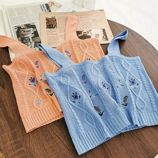 Flowers Embroidery Suspender Korean V-Neck Knitting Sweet Elastic Vintage Students Cute Summer Women Knot CropTops ALODIA STORE