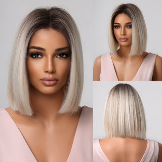 Ombre Brown Platinum Blonde Synthetic Wigs Short Straight Bob Wigs for Black Women Daily Natural Heat Resistant Hair Cosplay ALODIA STORE
