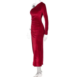 New Solid Long Sleeve One Shoulder Ruched Slit Velvet Midi Dress Sexy Party Club Elegant Bodycon Dresses Femme Robe Longue ALODIA STORE